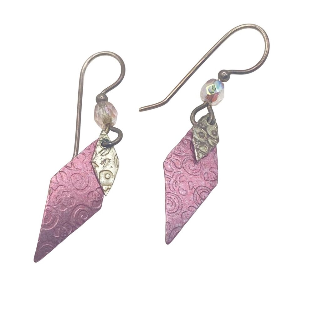 Sterling Silver Dangle Earrings Pink Brass Handmade AB Glass Beads Boho 1.5"